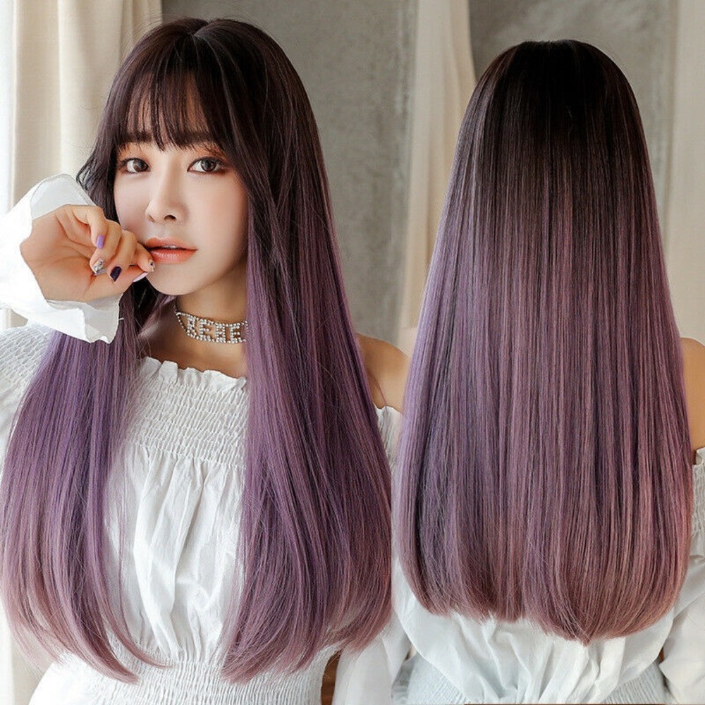 Women Long Straight Wig With Bang Natural Gradient Purple Heat Resistant Wig